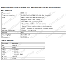 PD3060E- PT100 6-chanel Modbus RTU with Display, specifications